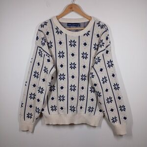 John Weitz Sweater Men Large Cream Knit Snowflake Pattern Vintage USA Winter
